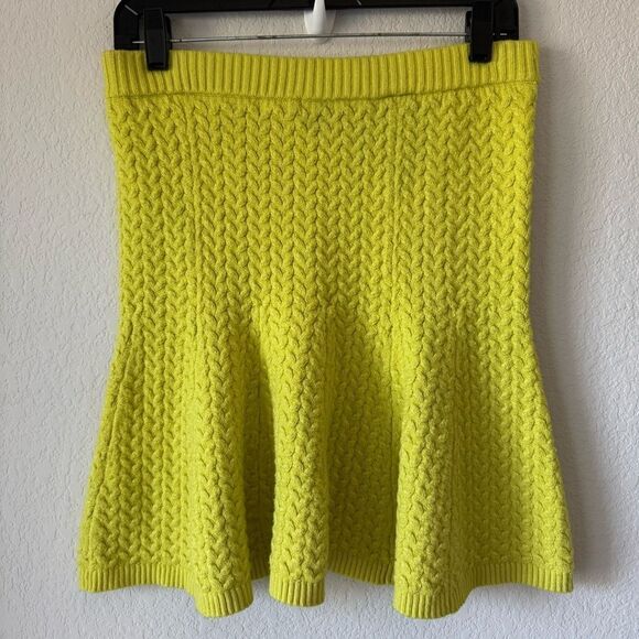 Anthropologie Maeve Cable Knit Flared Mini Skirt Sz M Neon Yellow Preppy Spring - Picture 2 of 5